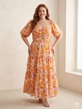 BTFBM Floral Puff-Sleeve Midi Dress in Golden Orange Pink